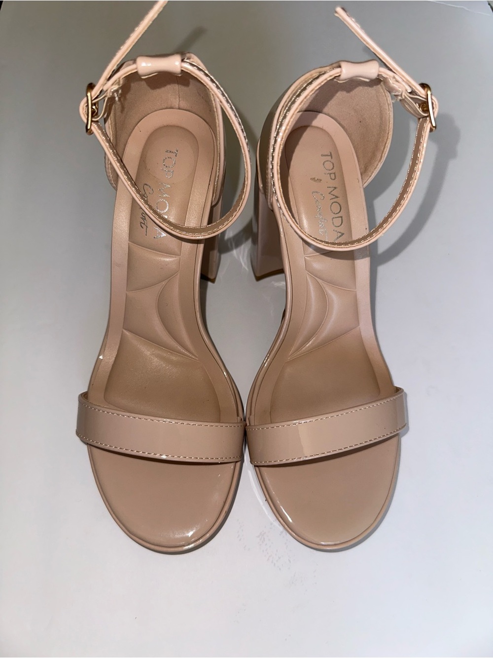 TOP Moda Patent Nude Ankle-Strap Block Heels